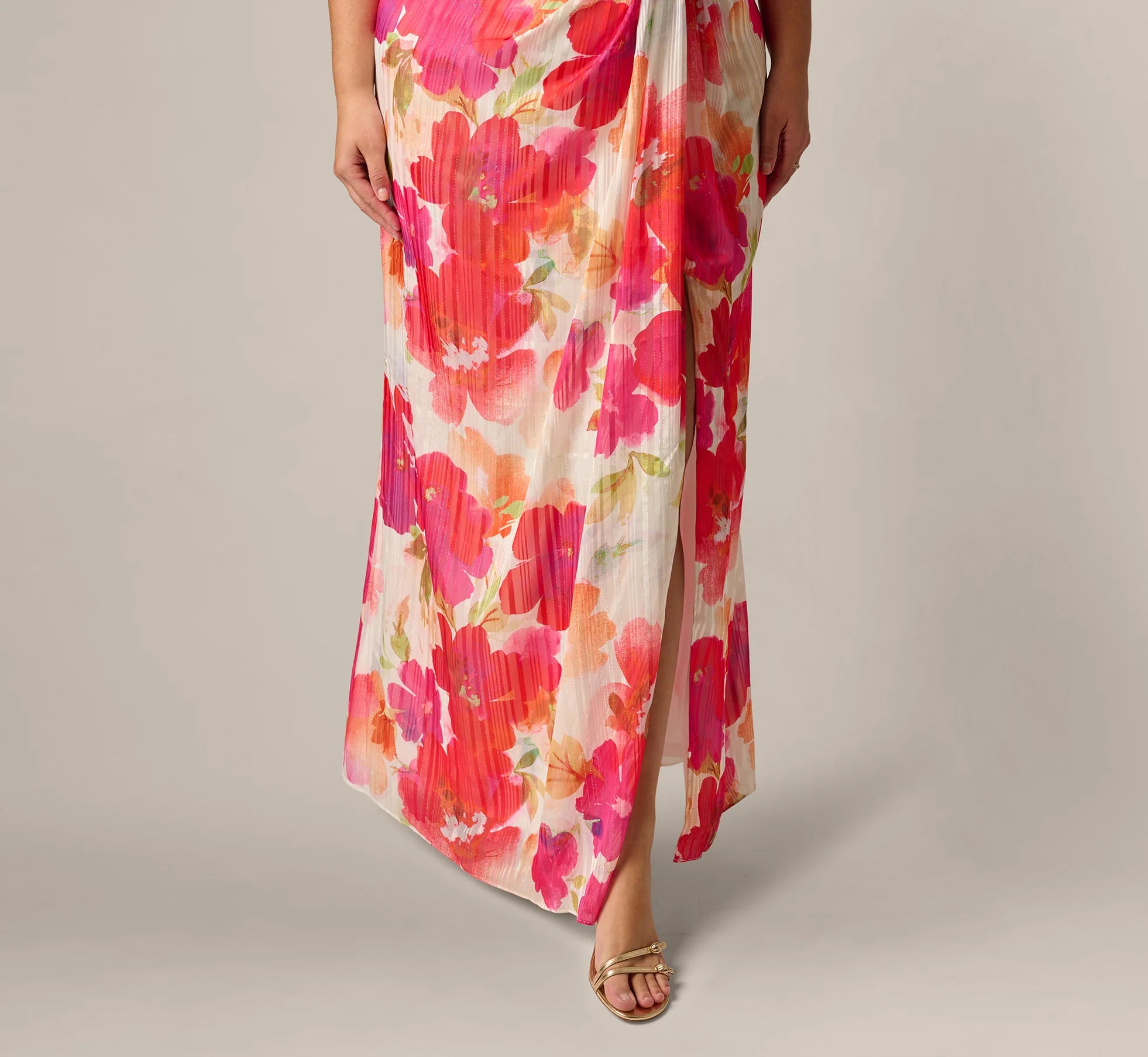 Plus Size One Shoulder Watercolor Floral Stripe Gown In Ivory Pink Multi