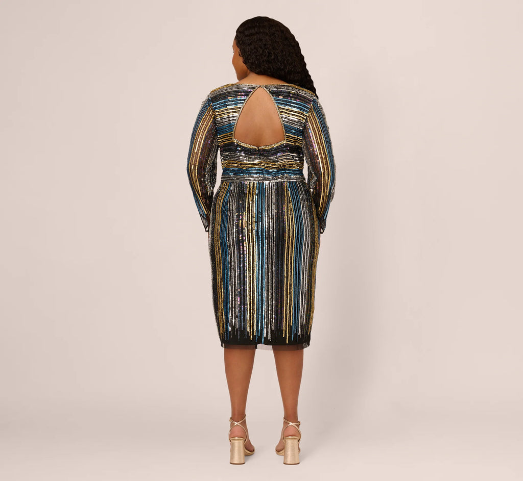 Plus Size Sequin Beaded Sheath Dress With Sheer Long Sleeves In Black Blue Multi