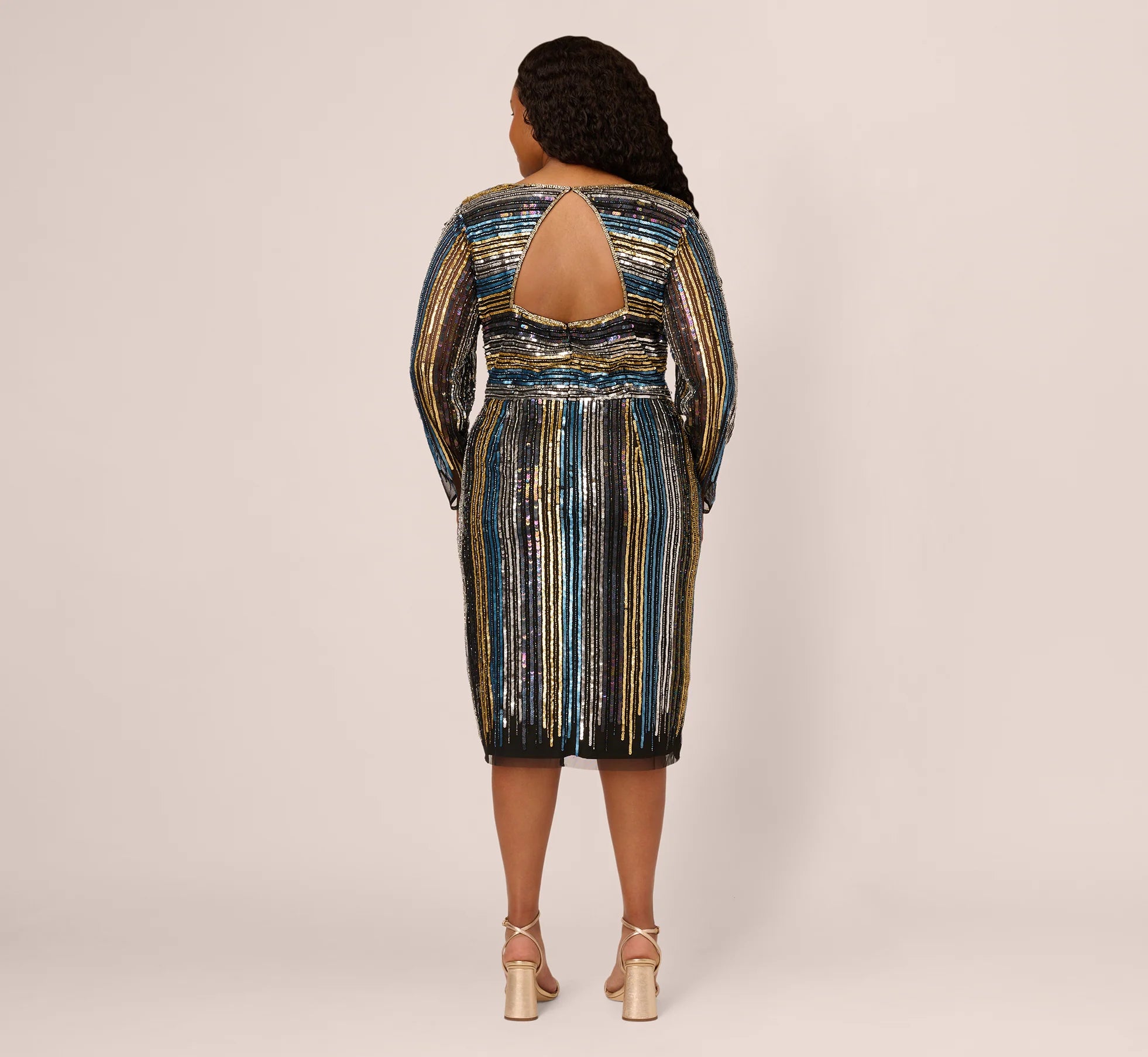 Plus Size Sequin Beaded Sheath Dress With Sheer Long Sleeves In Black Blue Multi