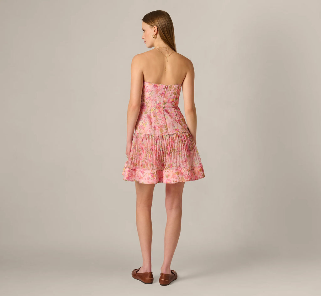 Strapless Floral Organza Pleated Short Dress In Pink Multi