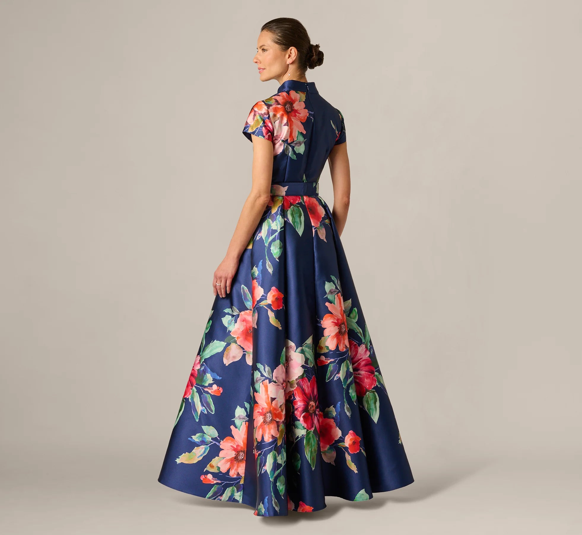 Short Sleeve Magnolia Floral Ballgown In Navy Multi