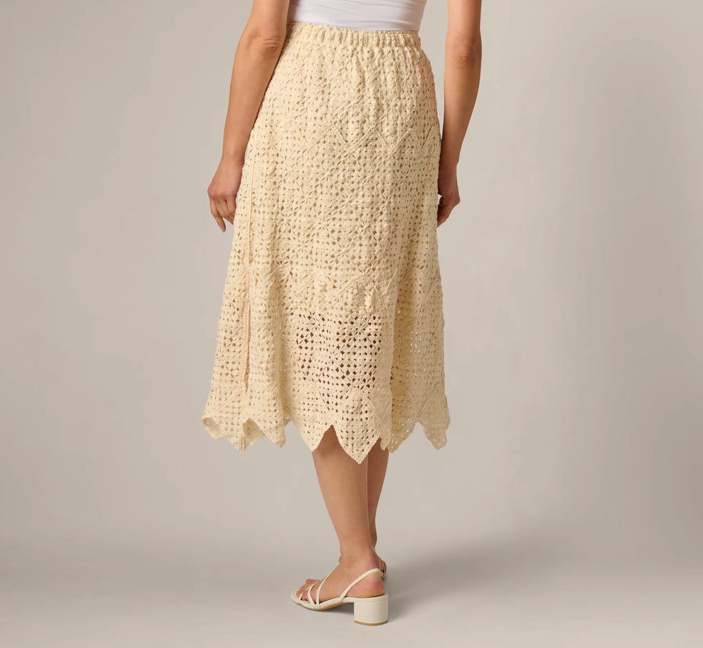 Crochet Knit Dagger Hem Midi Skirt In Cream