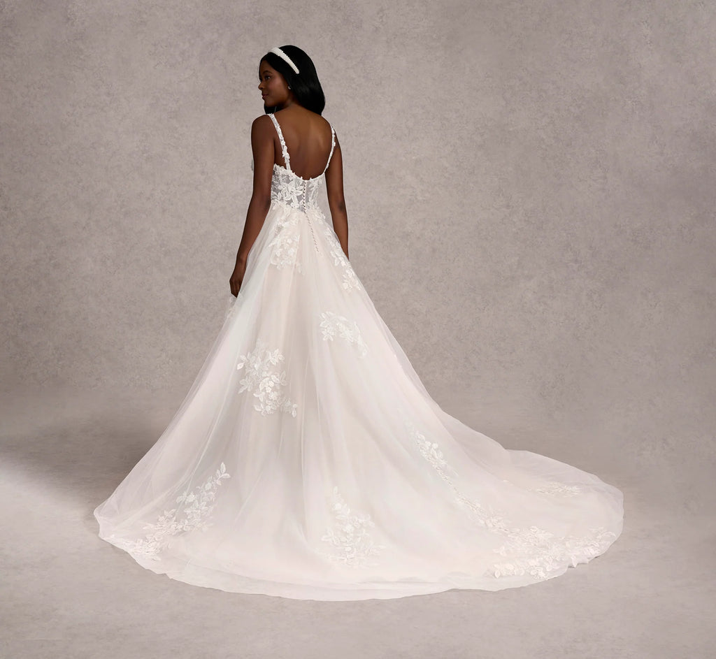 Hand Beaded 3D Floral Lace And Tulle A-Line Gown In Ivory Almond Nude