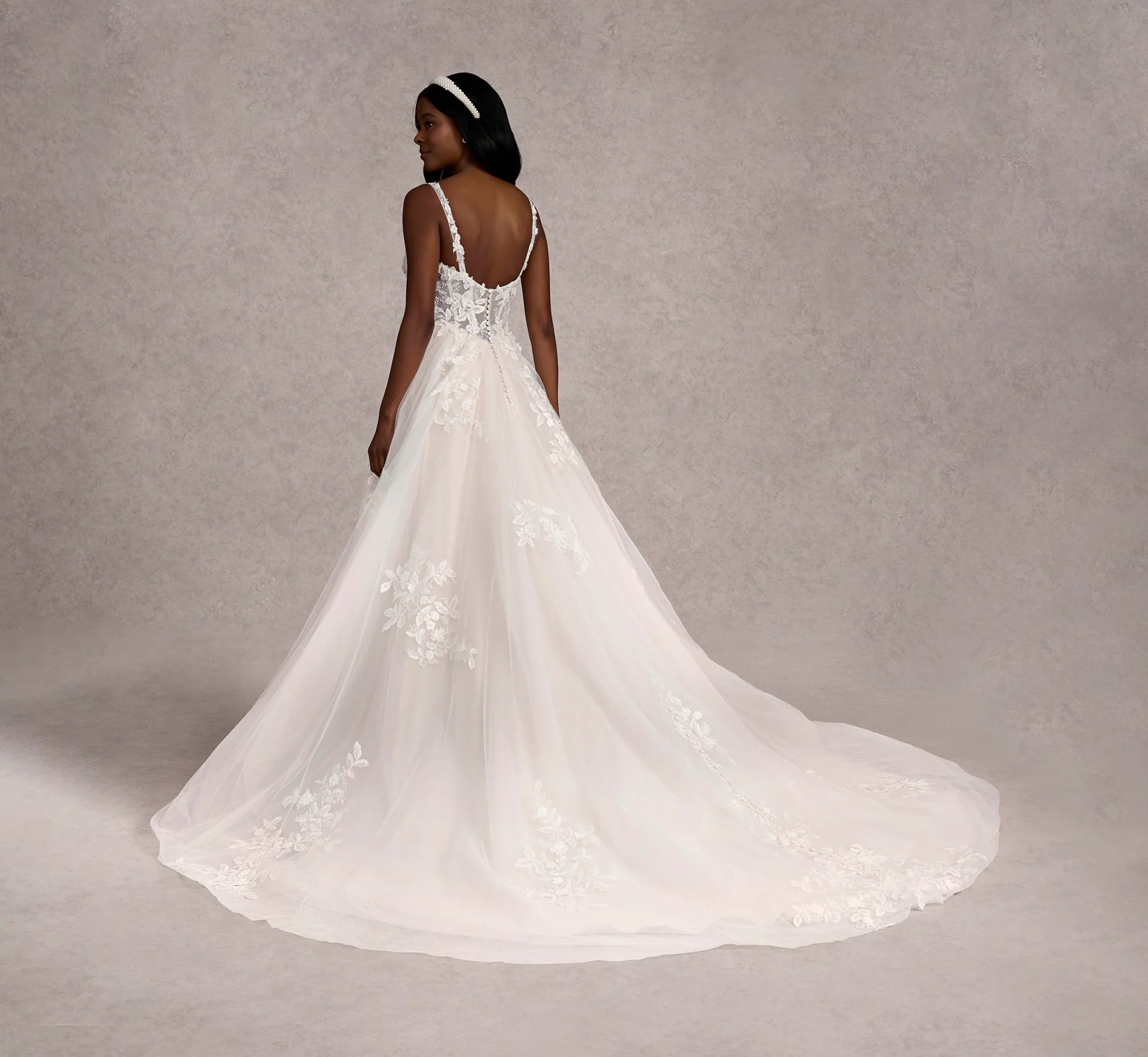 Hand Beaded 3D Floral Lace And Tulle A-Line Gown In Ivory Almond Nude