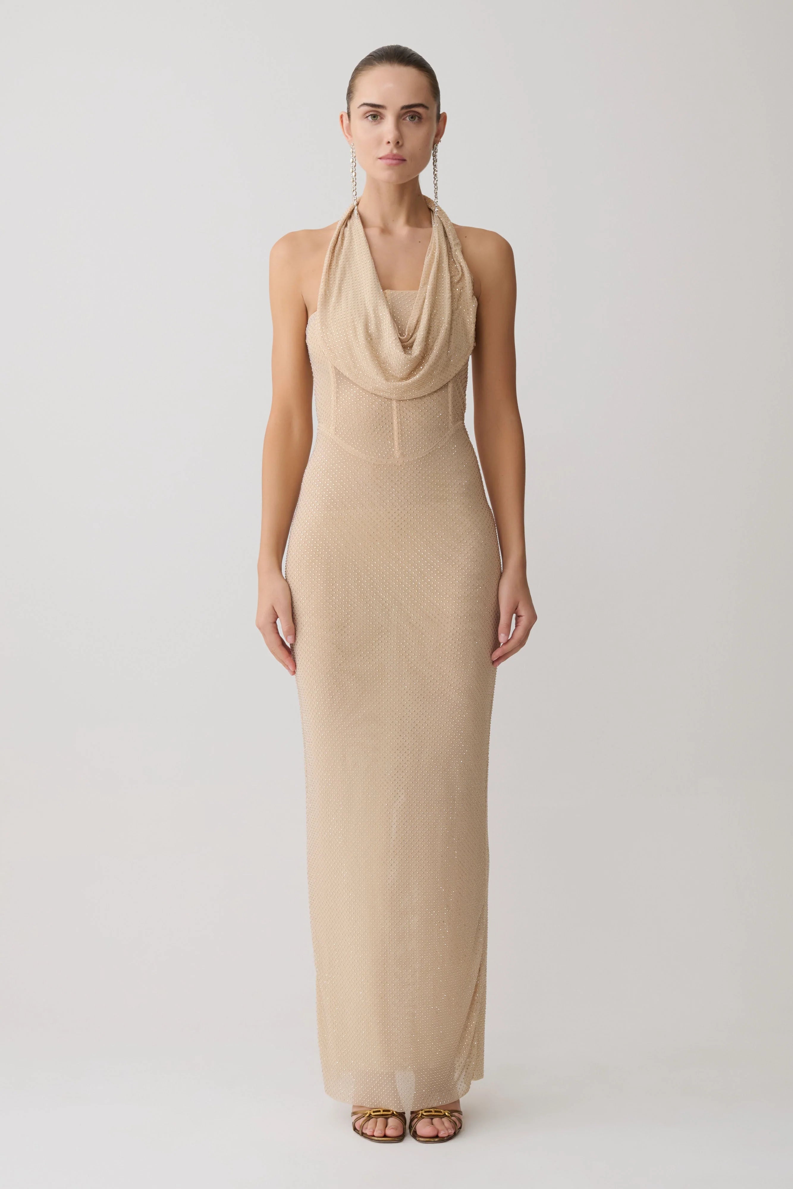 Phi Multi-Wear Cowl Diamante Maxi Dress - Gold