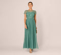 Short Sleeve A Line Beaded Illusion Dress In Green Slate