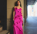 Satin Cascade Ruffle Slip Gown In Electric Passion