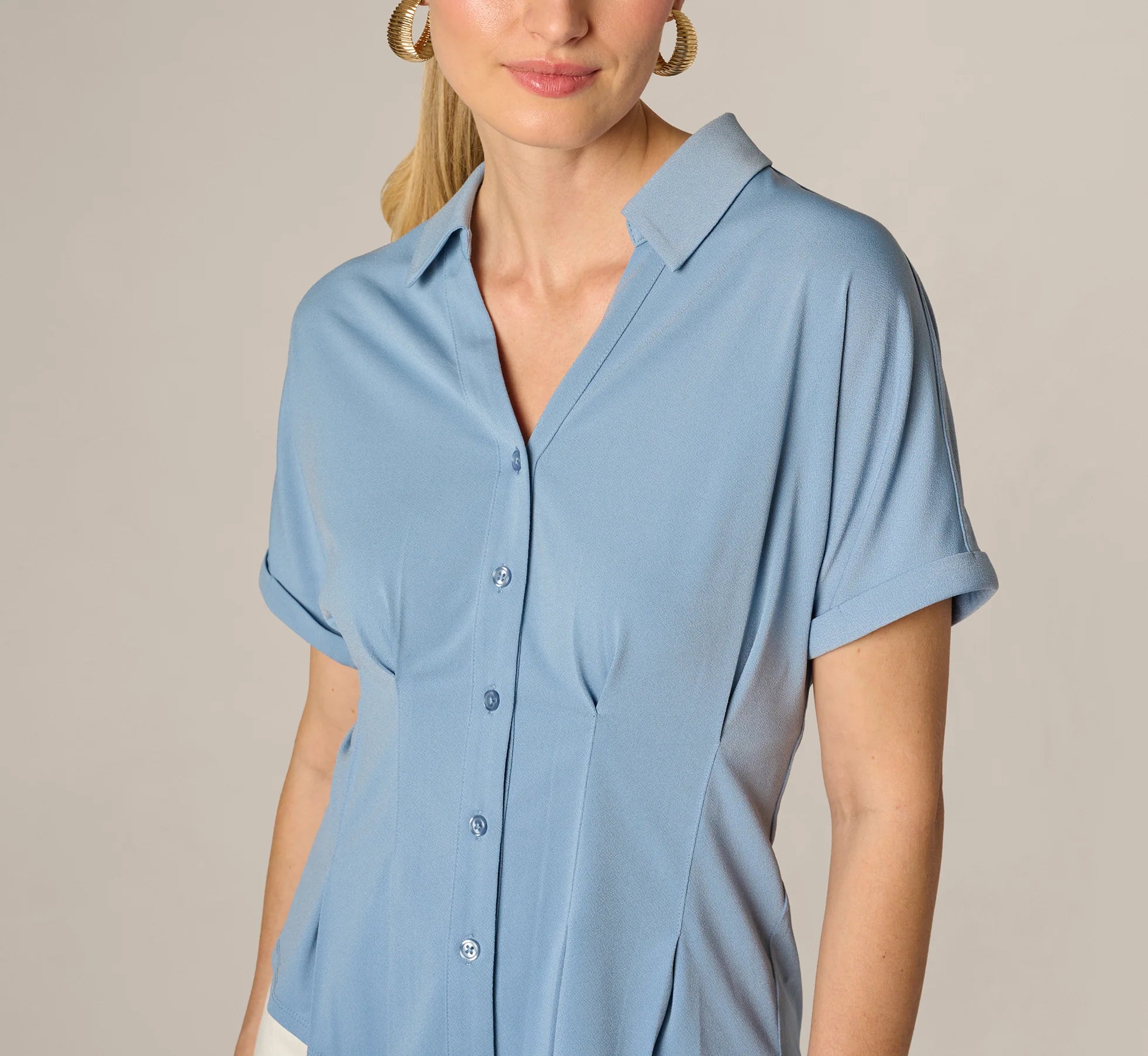 Short Sleeve Pleated Waist Blouse In Rain Washed