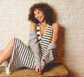 Striped Asymmetrical Fringe Halter Midi Dress In Ivory Navy