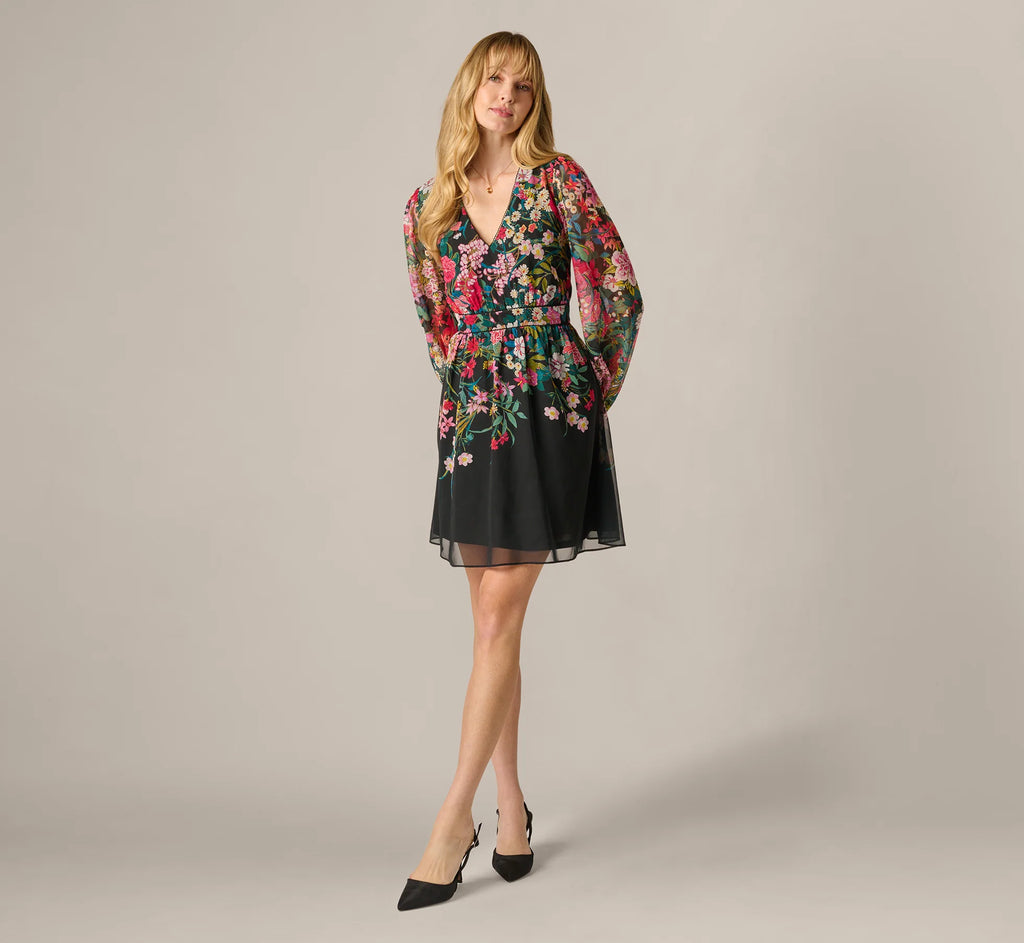 Long Sleeve Wildflower Print Short Dress In Black Multi