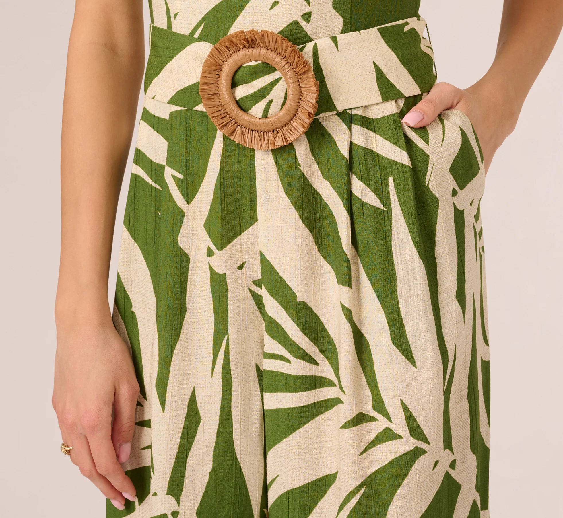 Sleeveless Palm Leaf Wide Leg Jumpsuit In Green Ivory