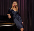 Three Quarter Sleeve Draped Satin Sheath Dress In Dark Navy