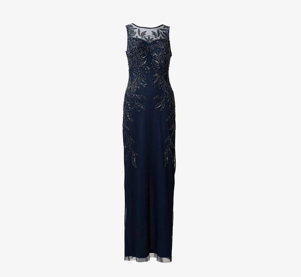 Adrianna Papell Hand-Beaded Sleeveless Slim Column Gown In Midnight