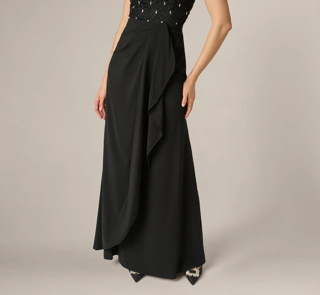 Draped Crepe Beaded Combo Gown In Black