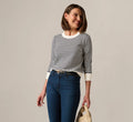 Three Quarter Sleeve Stripe Knit Sweater Top In Ivory Navy