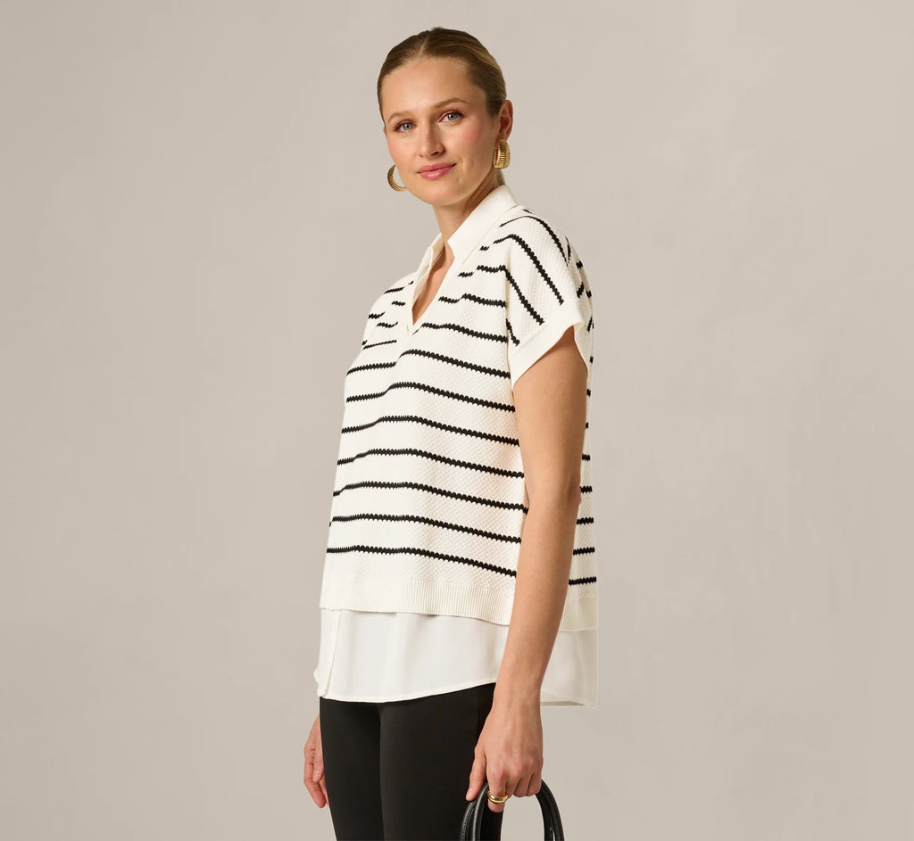 Short Sleeve Drop Shoulder Twofer Sweater In Ivory Black W  Ivory