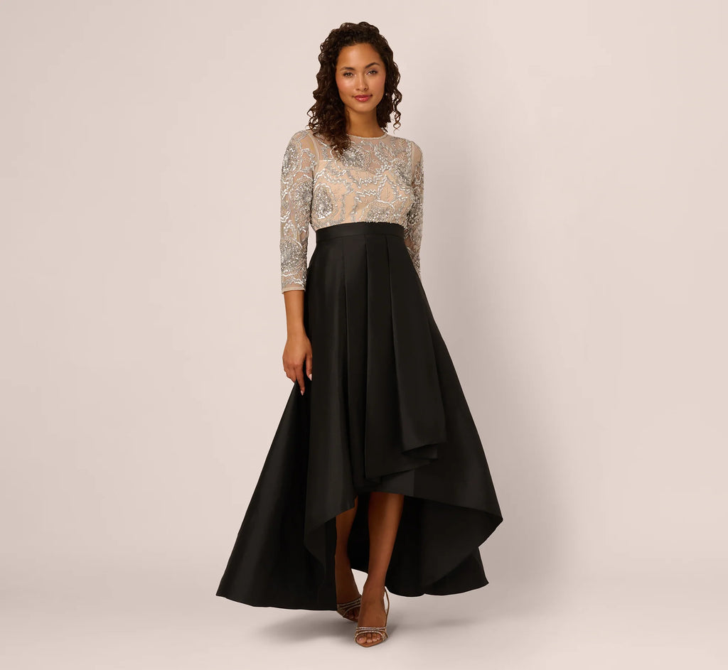 Three Quarter Sleeve Beaded Taffeta Combo Gown In Black Silver
