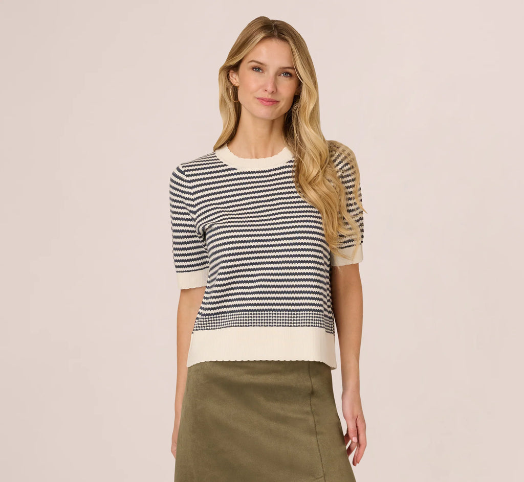 Short Sleeve Scalloped Stripe Pullover Sweater In Ivory Slate Blue