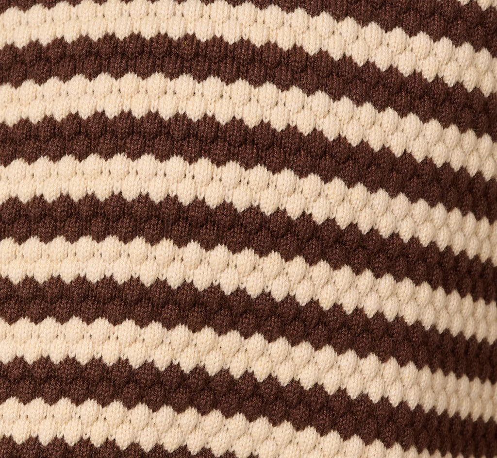 Crew Neck Button Front Striped Pointelle Cardigan Sweater In Cream Dark Brown
