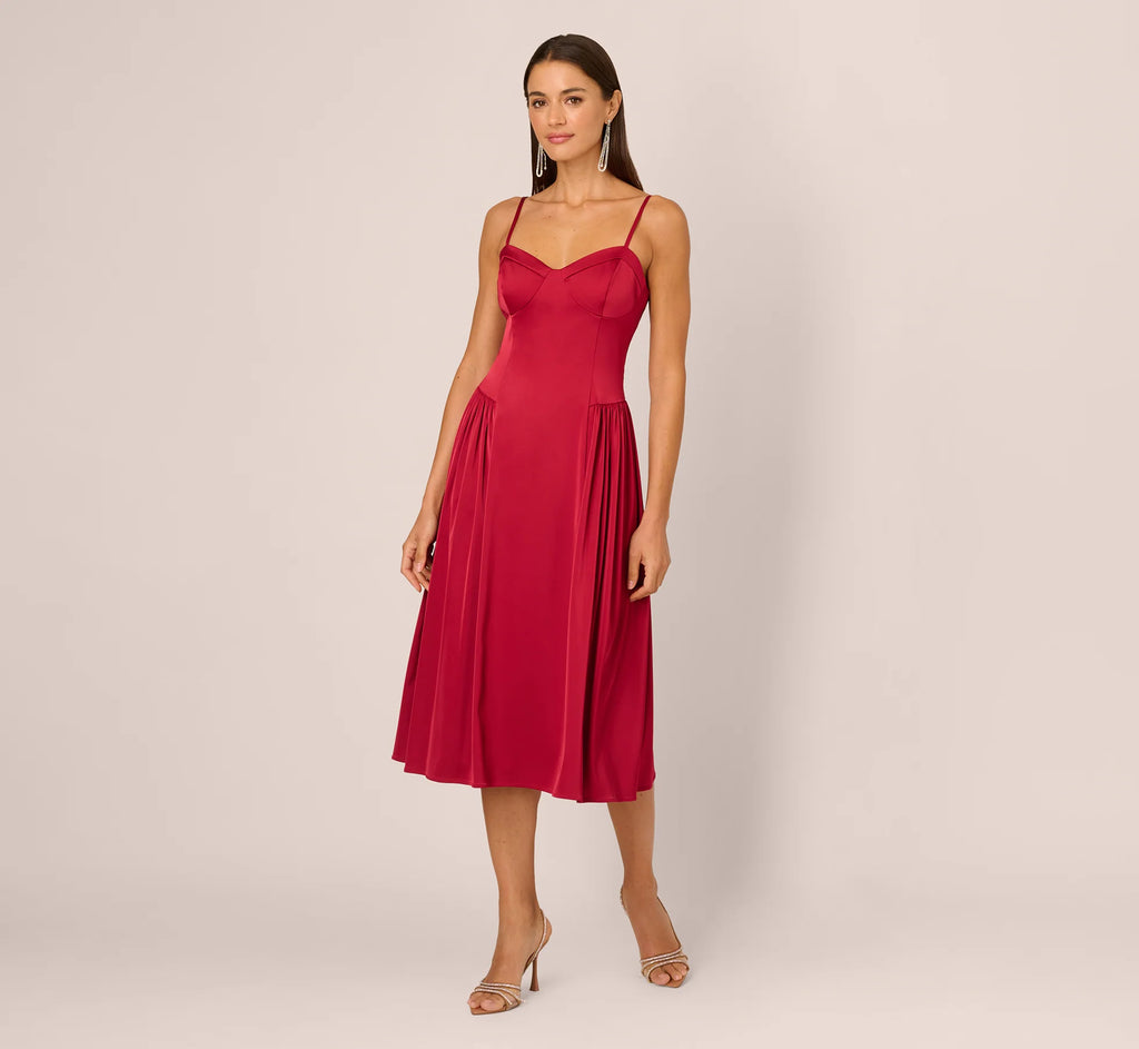 Stretch Satin Corset Back Midi Dress In Matador Red