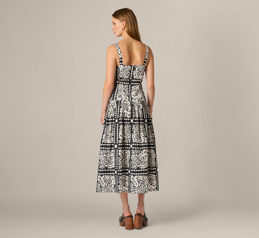 Drop Waist Cotton Tile Print Midi Sundress In Black Ivory