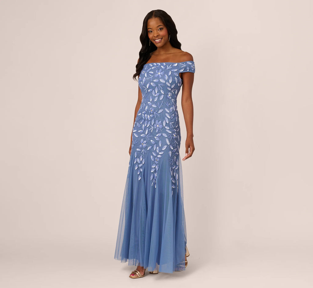 Off Shoulder Floral Beaded Godet Gown In French Blue