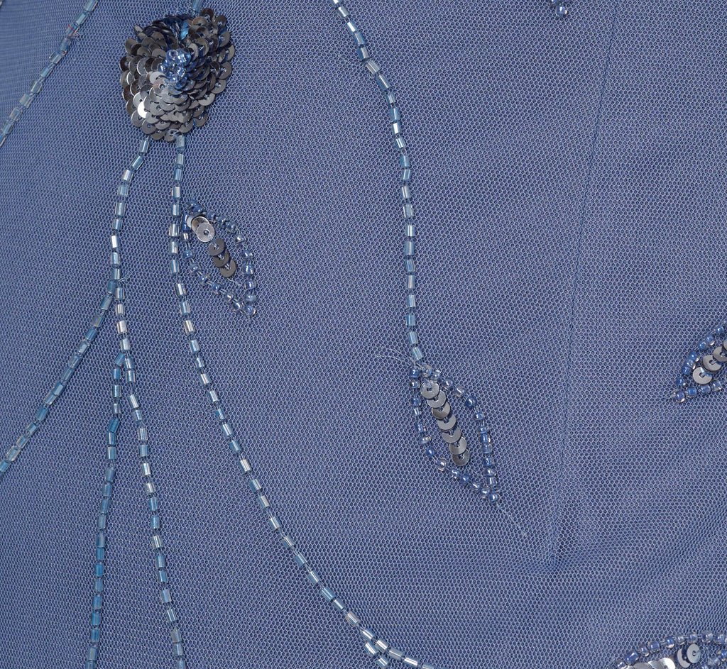Short Sleeve Illusion Floral Beaded Sheath Dress In French Blue