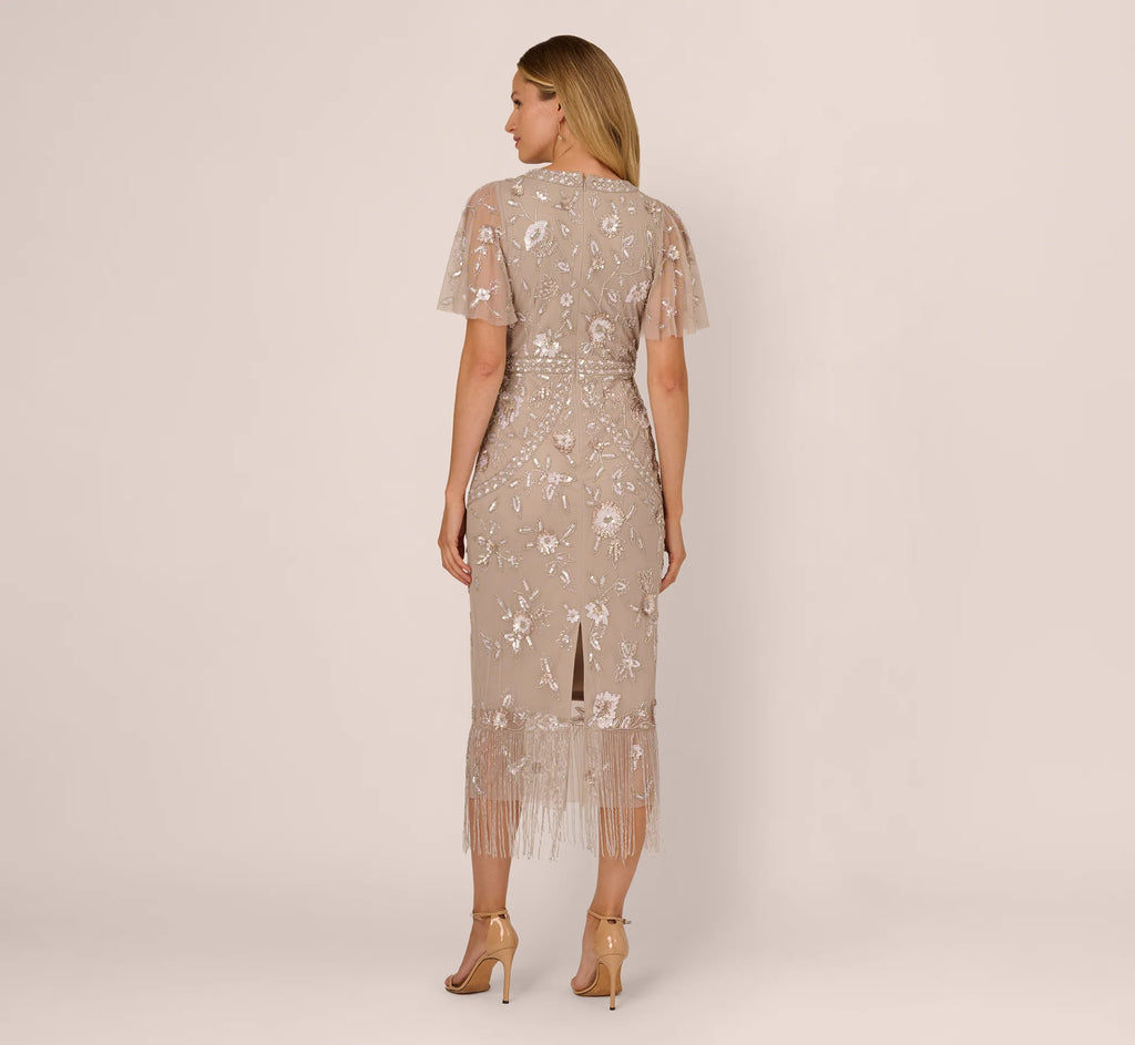Flutter Sleeve Floral Beaded Fringe Midi Dress In Marble