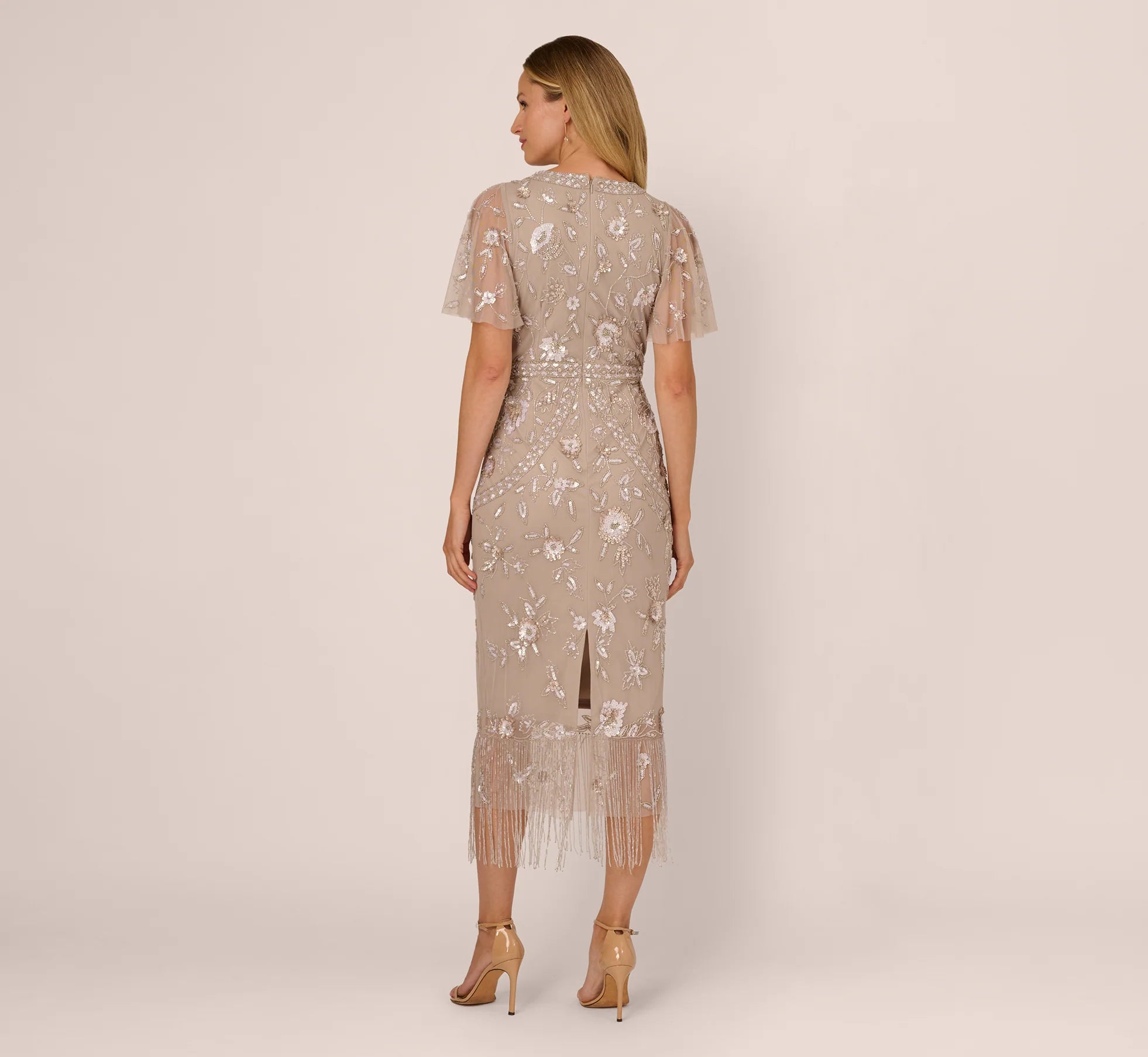 Flutter Sleeve Floral Beaded Fringe Midi Dress In Marble