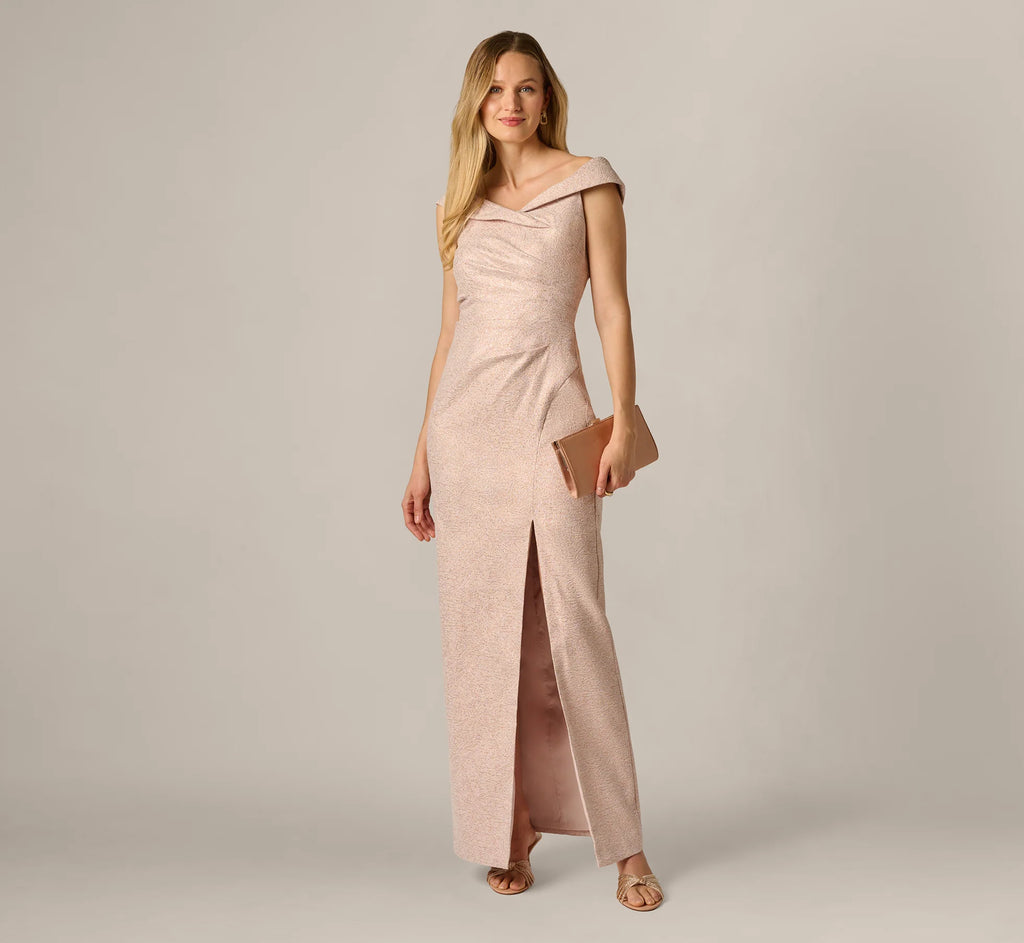 Off Shoulder Draped Stretch Jacquard Gown In Blush