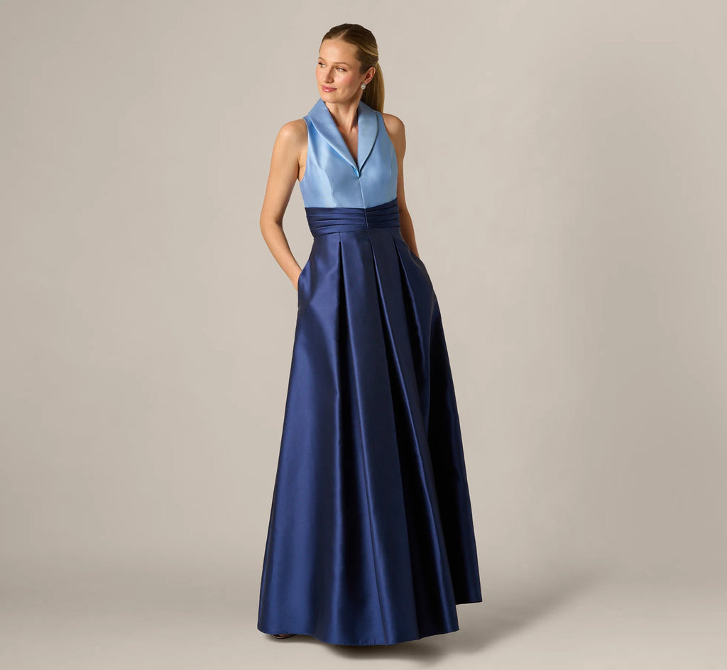 Sleeveless Color Block Tuxedo Ballgown In Icy Topaz Navy