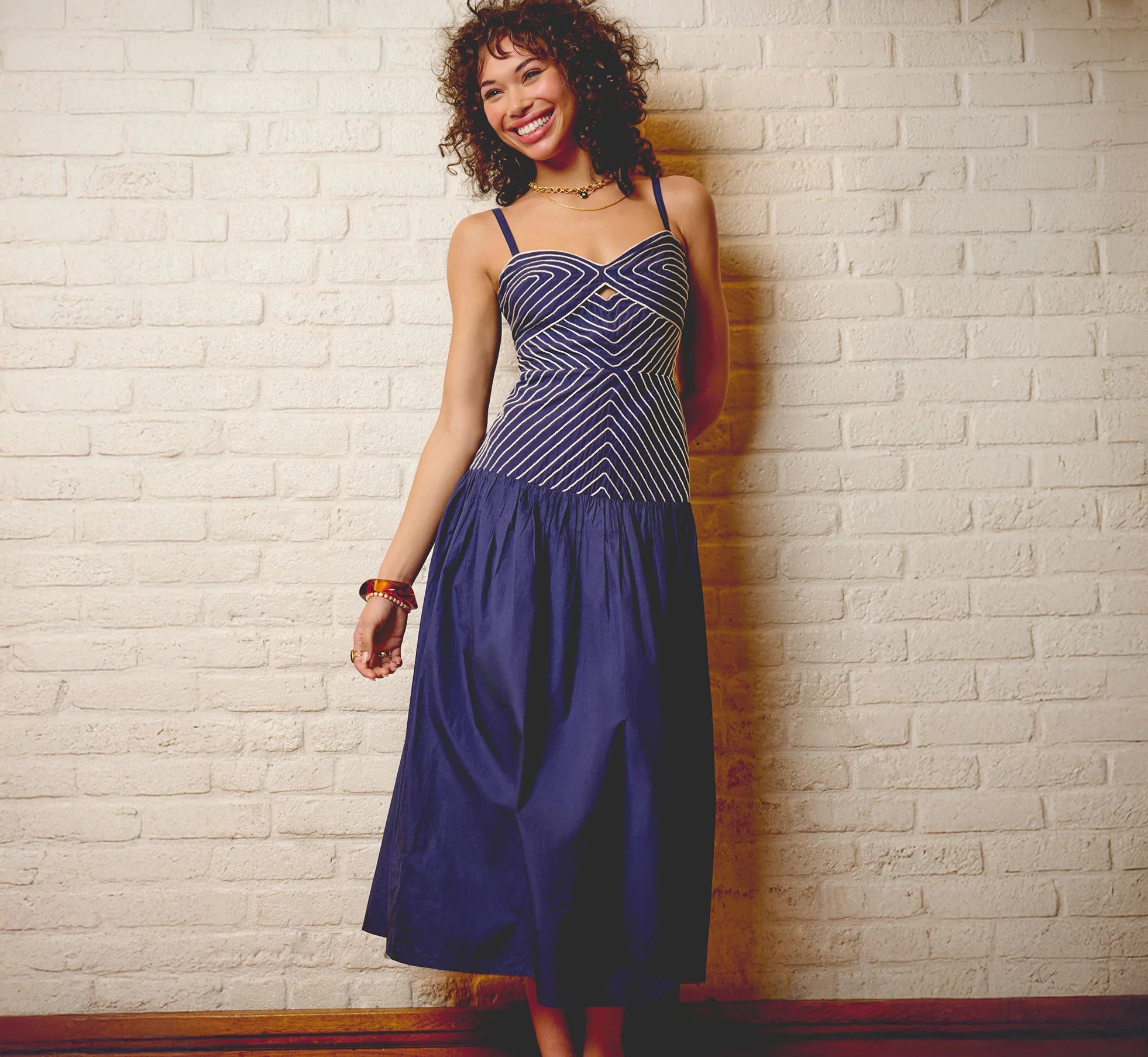 Drop Waist Chevron Cotton Midi Sundress In Navy Ivory