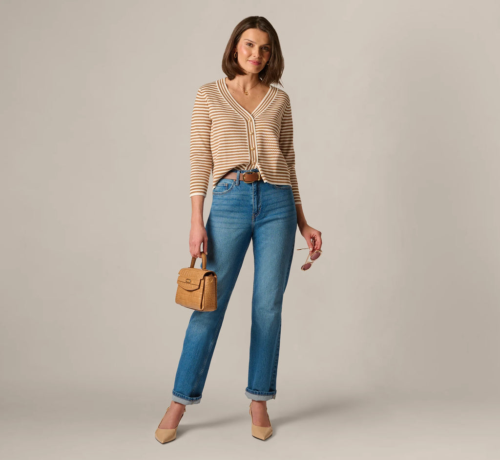 V Neck Button Front Cardigan Sweater In Ivory Camel
