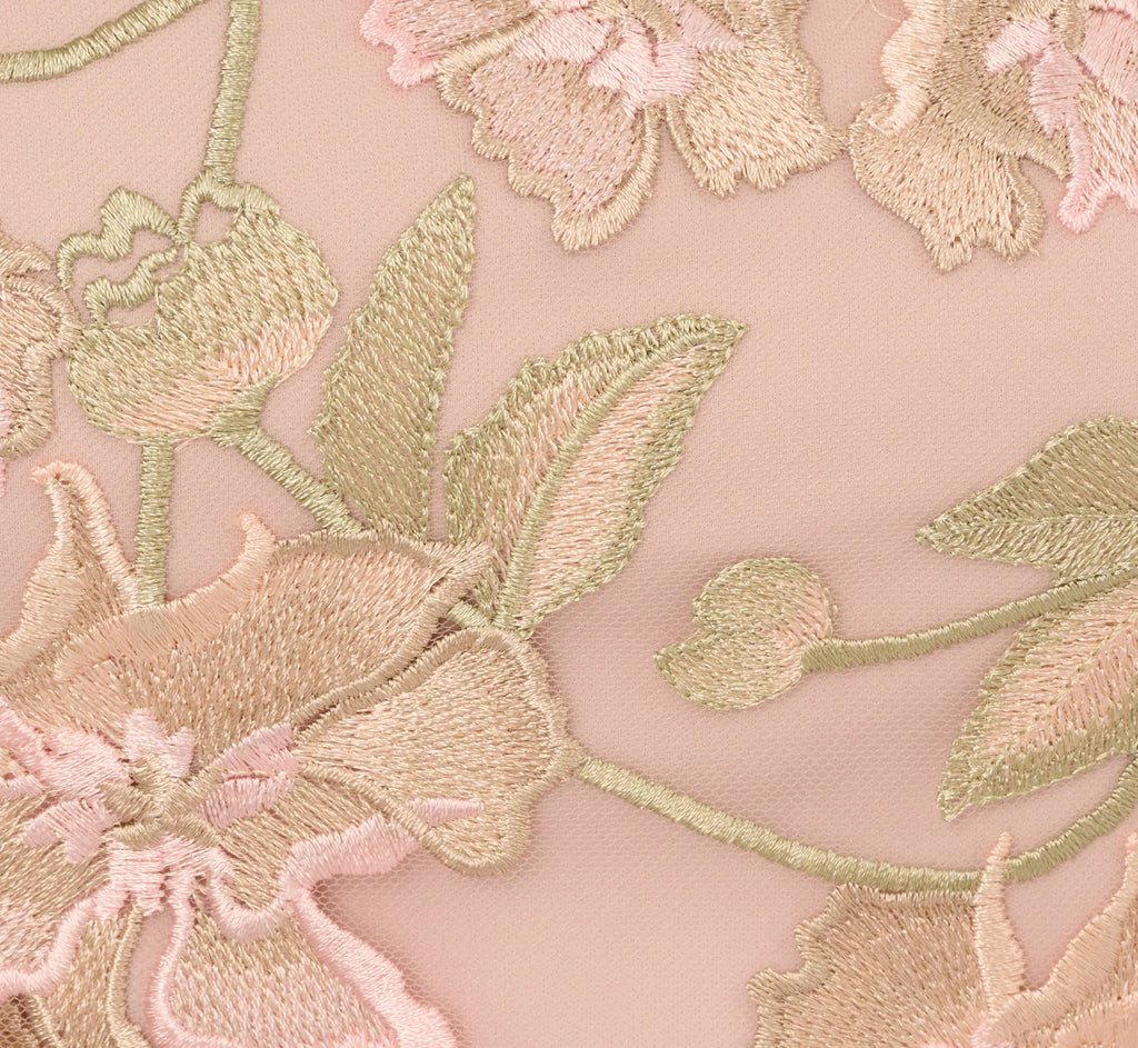 Short Sleeve Floral Embroidered Gown With Ribbon Tie Waist In Blush Nude Multi