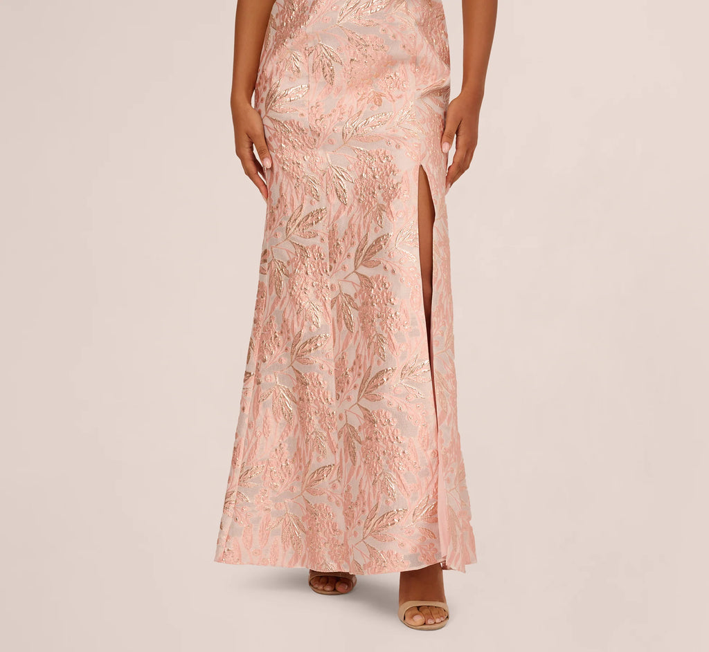 Off Shoulder 3D Floral Jacquard Gown In Blush