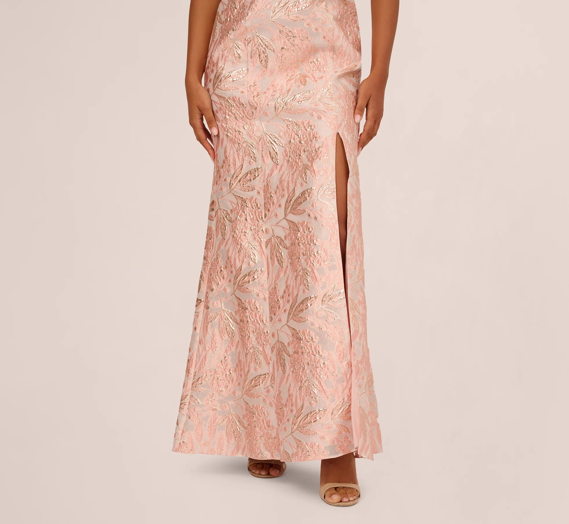 Off Shoulder 3D Floral Jacquard Gown In Blush
