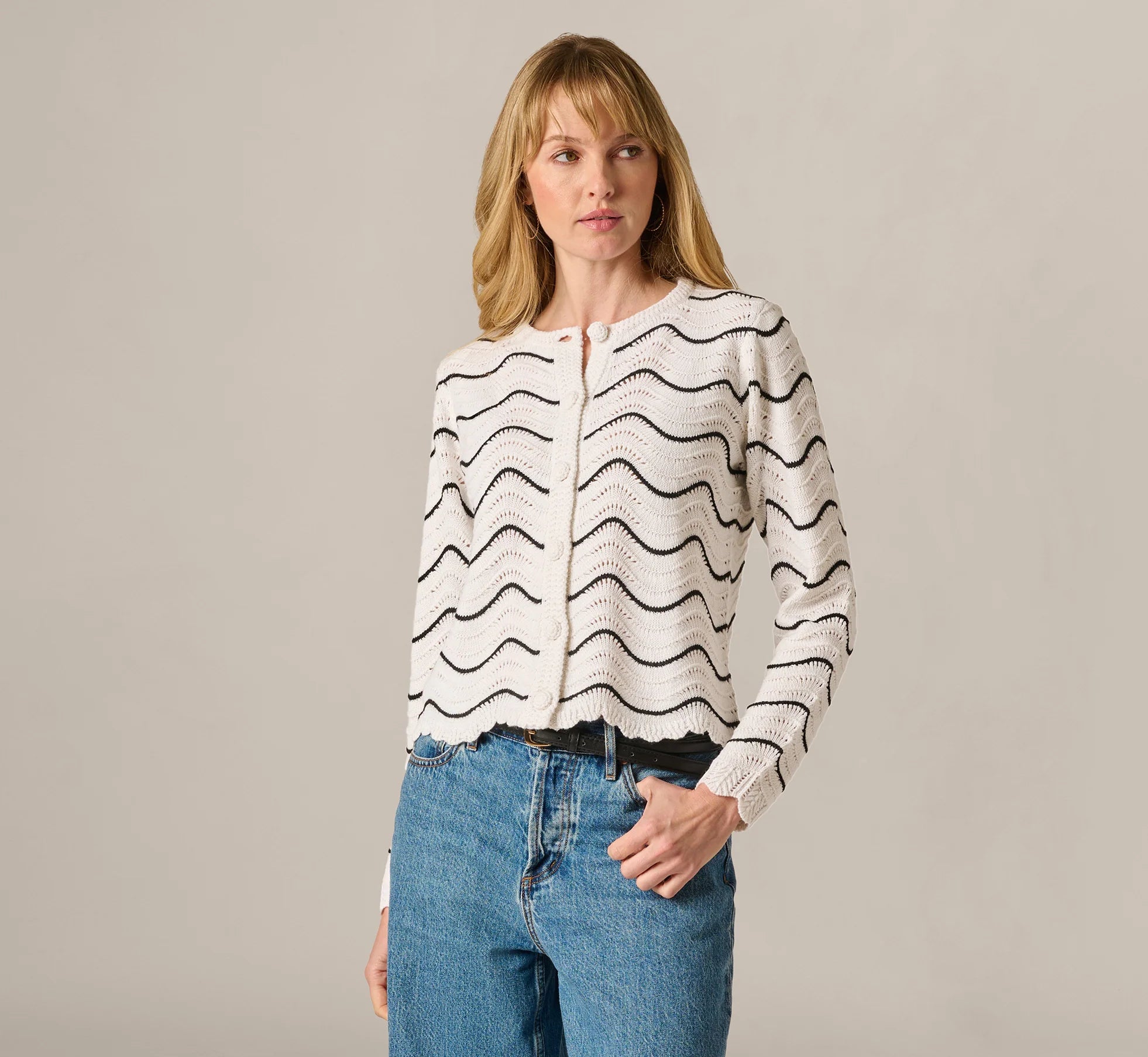 Open Pointelle Scalloped Cardigan Sweater In Glacier Black