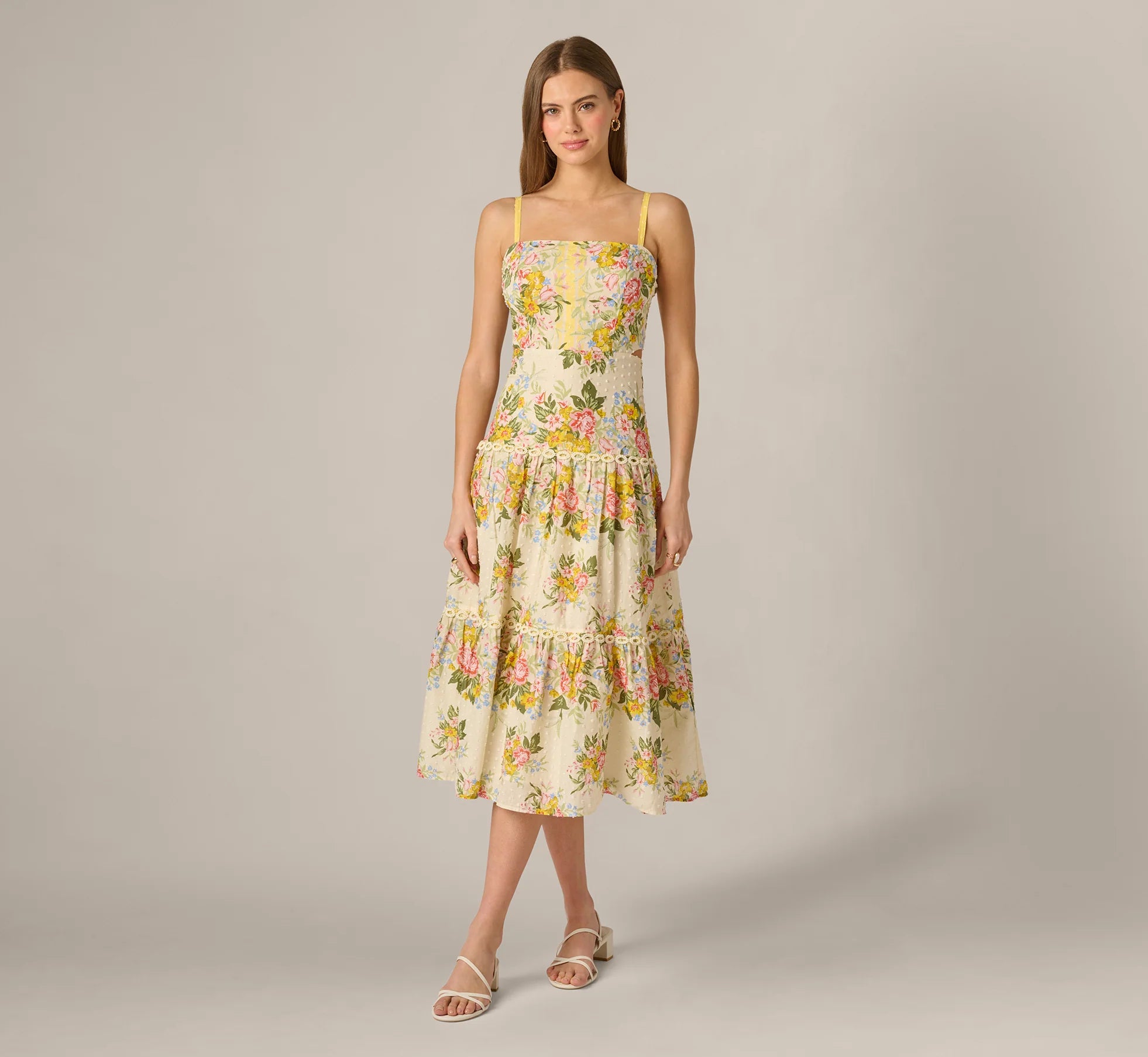 Cotton Vintage Floral Midi Sundress In Pale Yellow