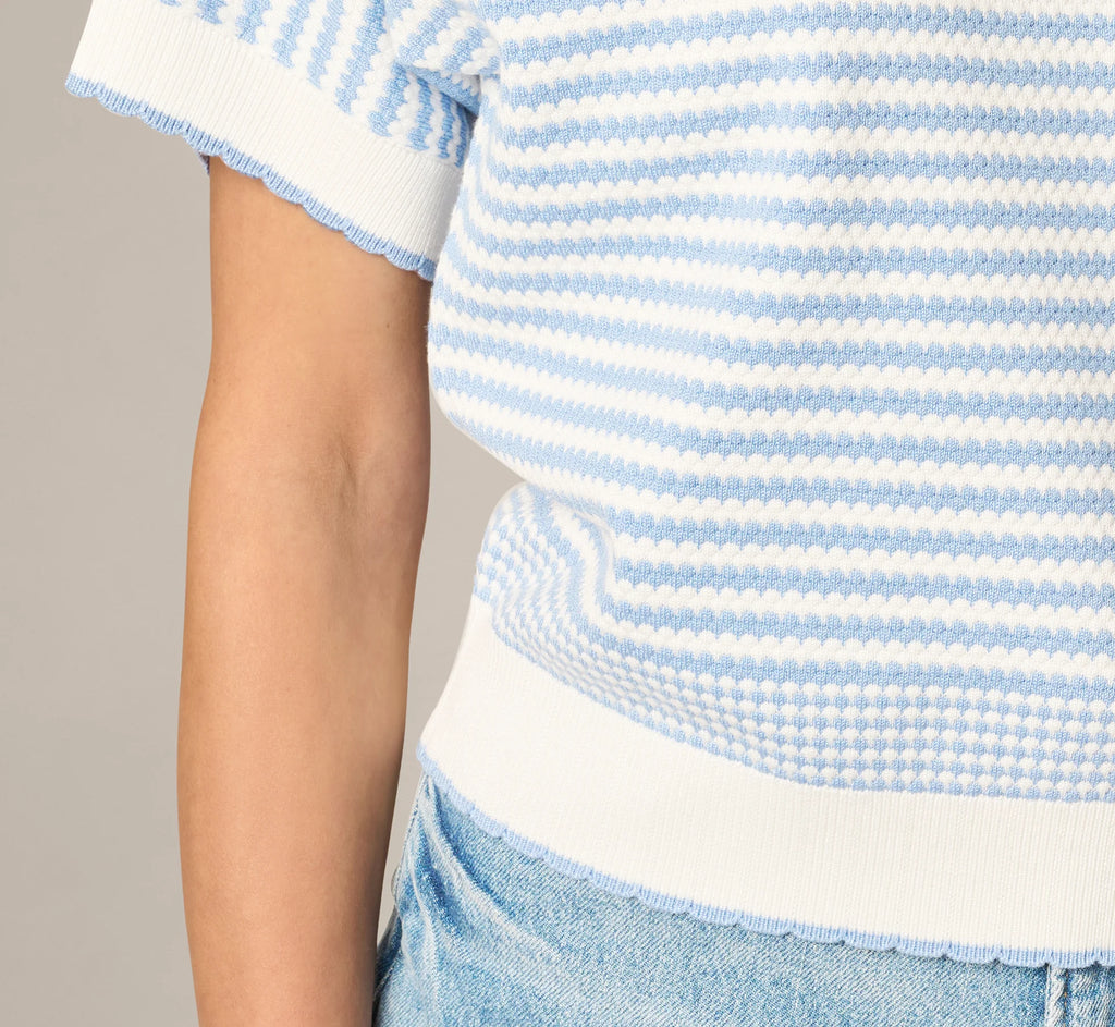 Dolman Sleeve Scalloped Trim Sweater In Ivory Classic Blue