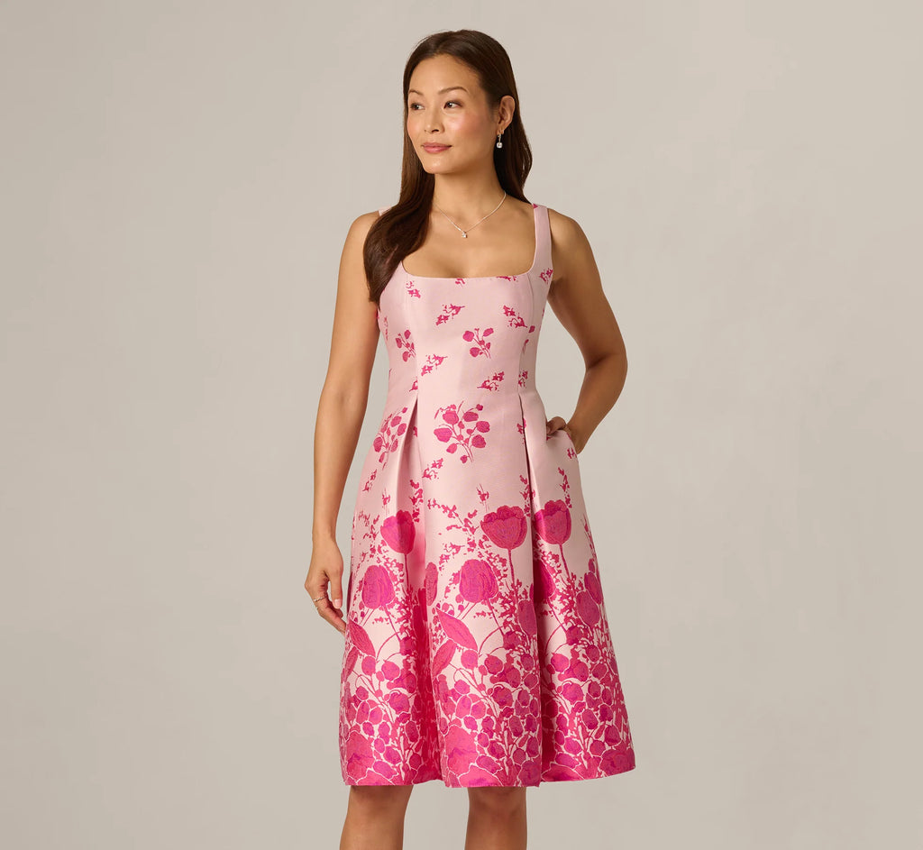Square Neck Tulip Floral Border Jacquard Dress In Pink Multi