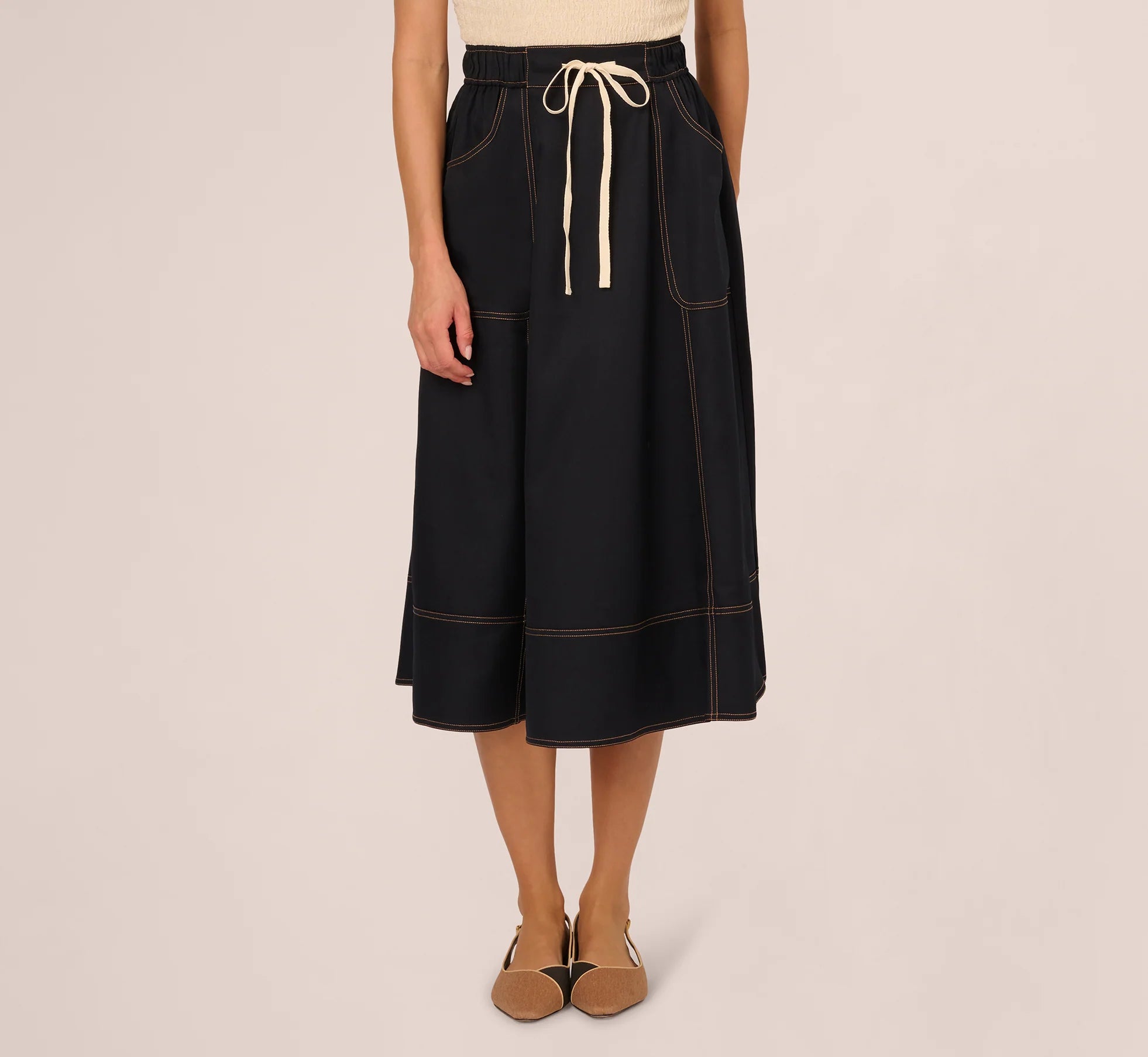 Contrast Stitching Drawstring Midi Skirt In Navy Khaki