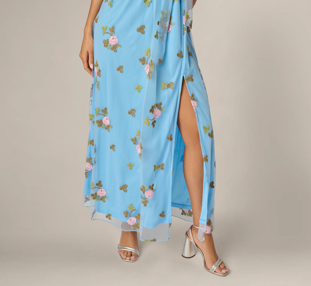 Floral Embroidered Maxi Dress With Sheer Flutter Sleeves In Light Blue Multi