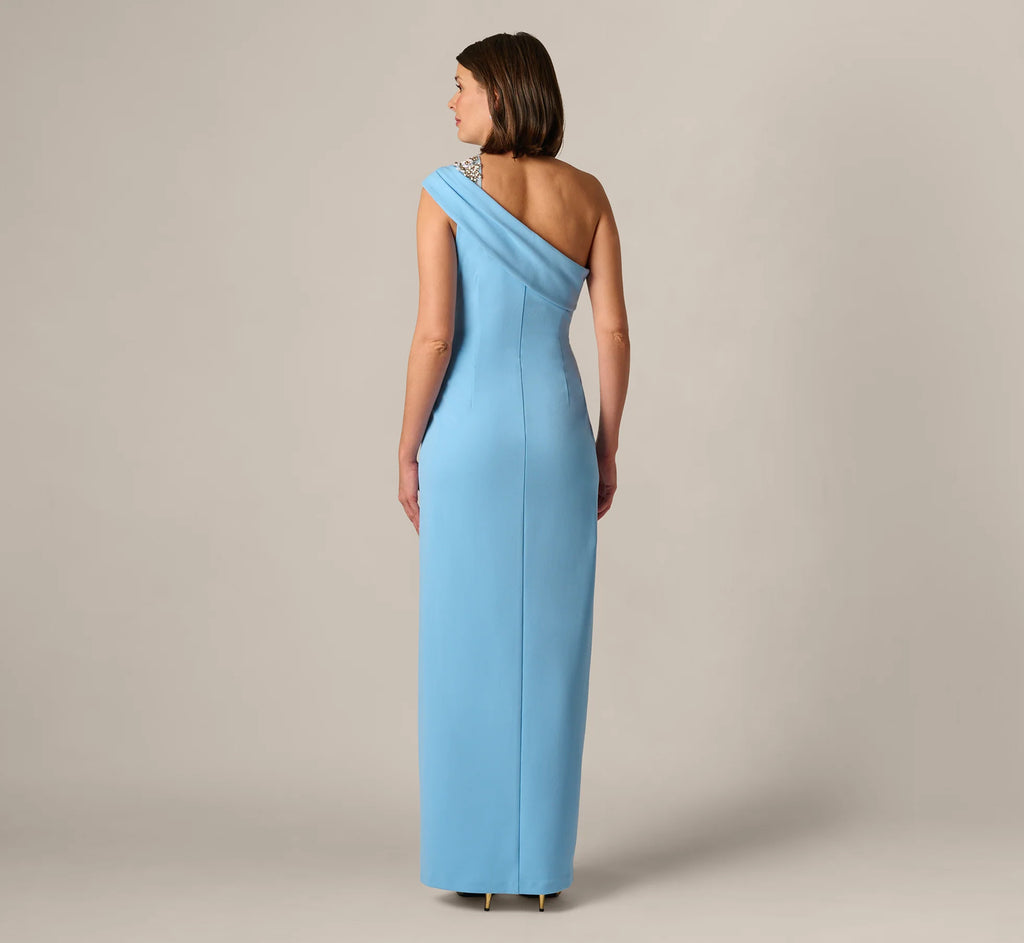 Beaded One Shoulder Stretch Column Gown In Waterfall