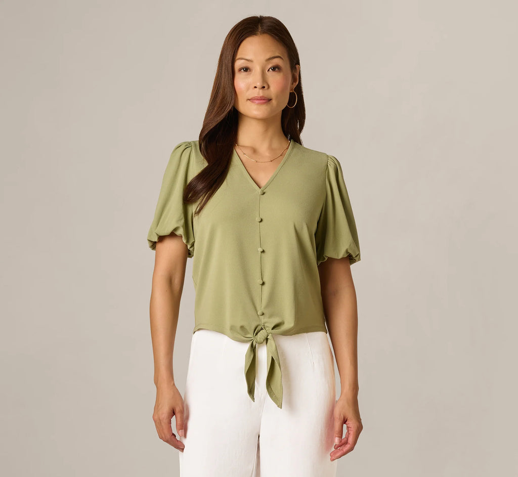 Short Sleeve Tie Waist Pullover Top In Oak Moss