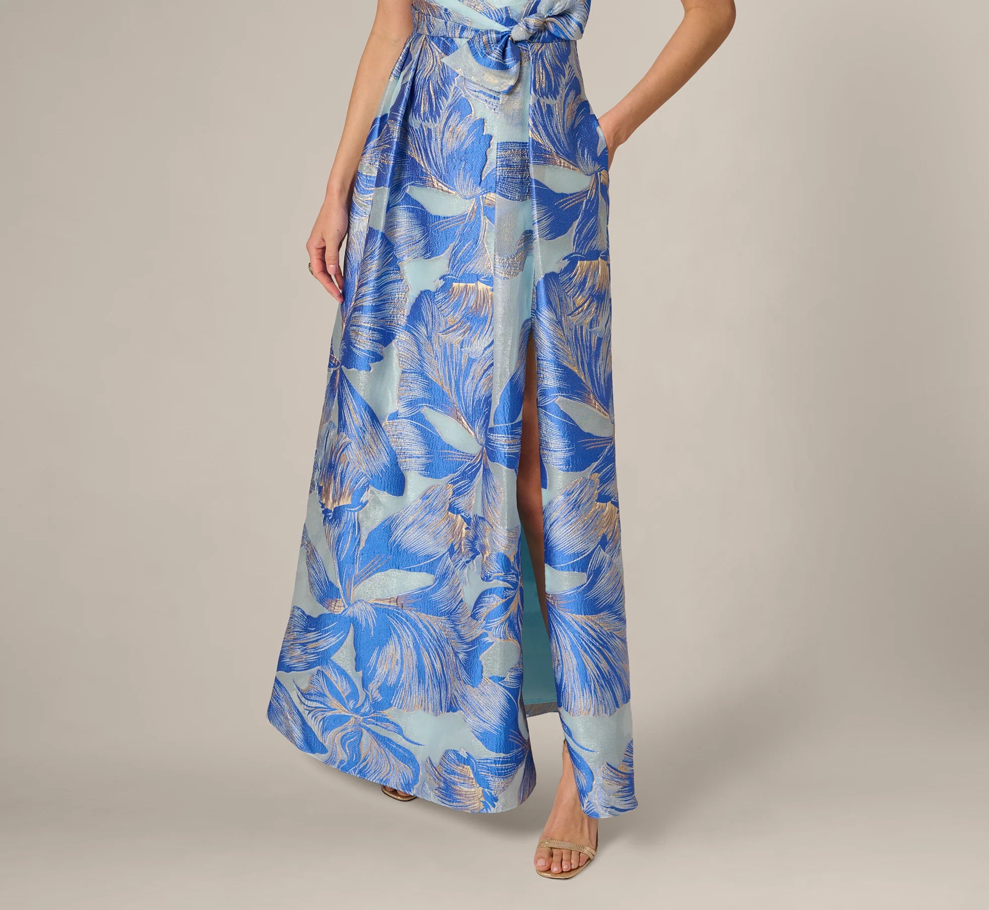 Metallic Iris Floral Organza Gown In Blue Multi