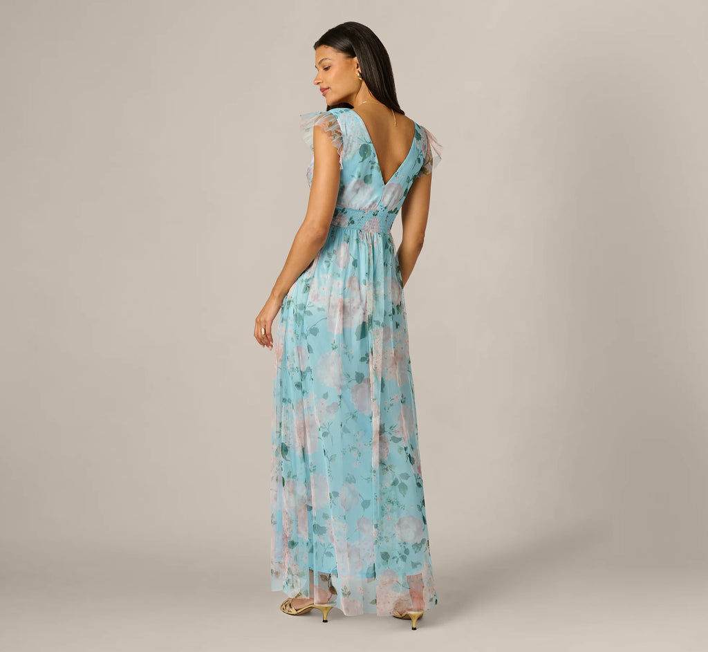 Flutter Sleeve Floral Tulle Maxi Dress In Blue Multi