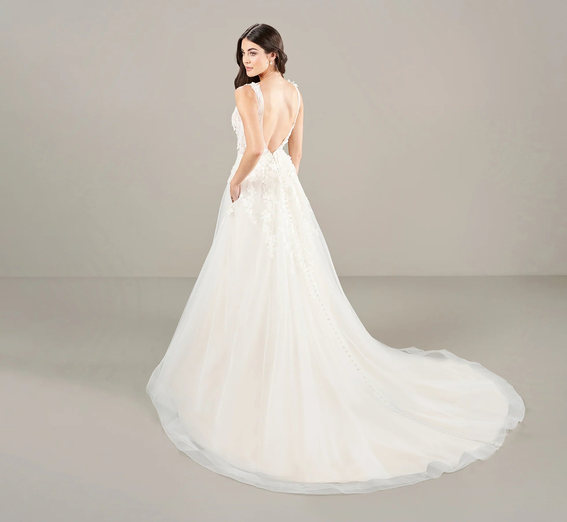 Plunging V Neck A Line Gown In Ivory Almond