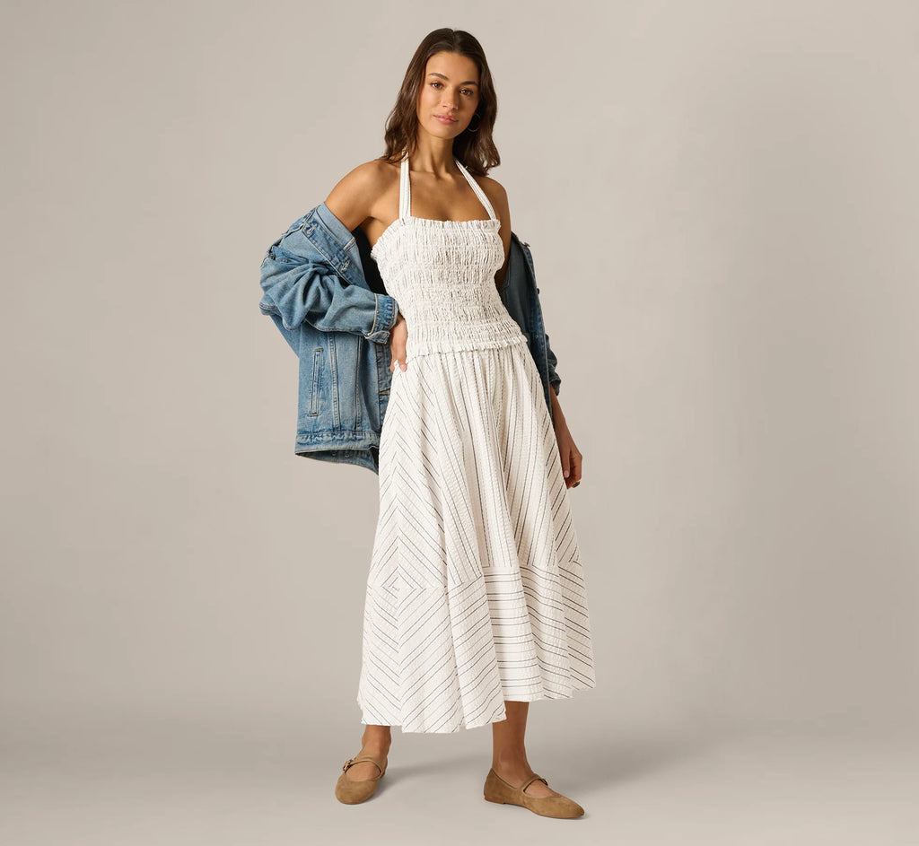 Smocked Seersucker Halter Midi Dress In Ivory Multi