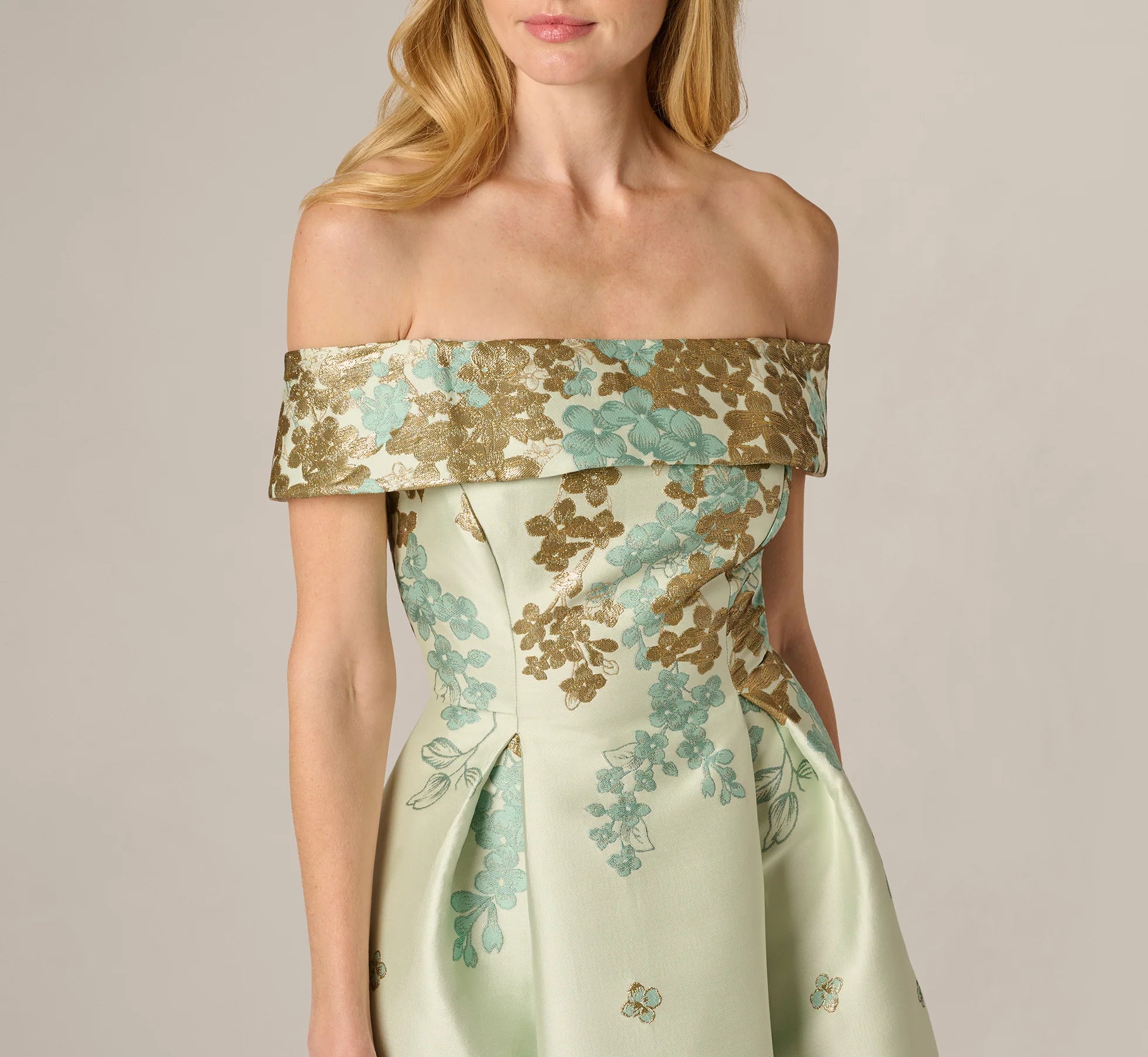 Floral Jacquard Ankle Length Dress With Off The Shoulder Neckline In Sage Gold