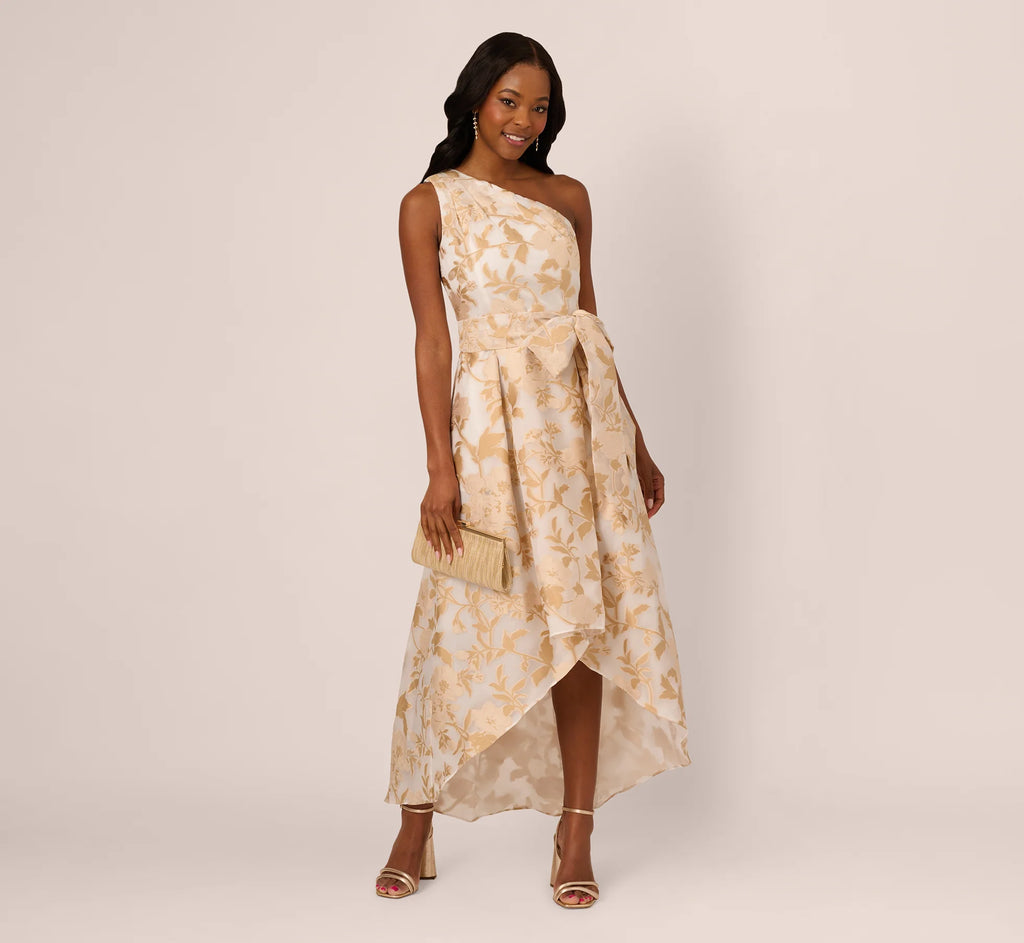 One Shoulder Organza Jacquard High Low Gown In Champagne Ivory
